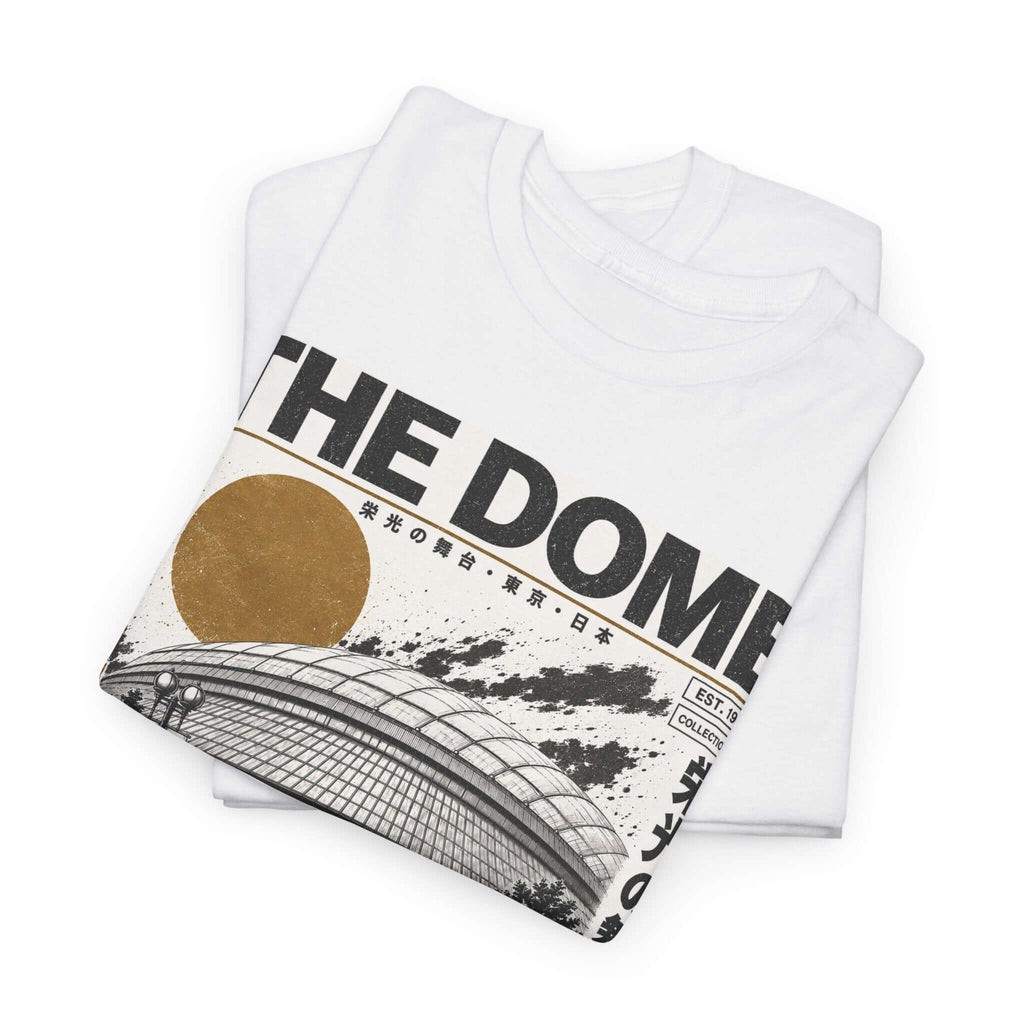 Folded The Dome white T-shirt showing the black and gold boxing arena graphic