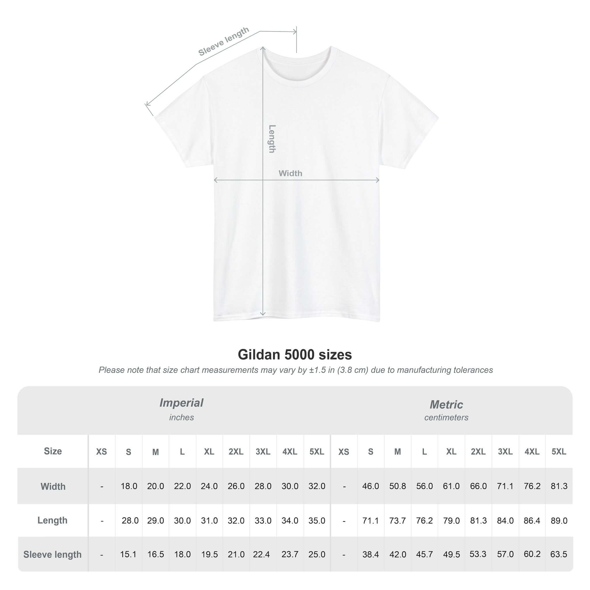 Gildan 5000 T-shirt size chart in inches and centimeters