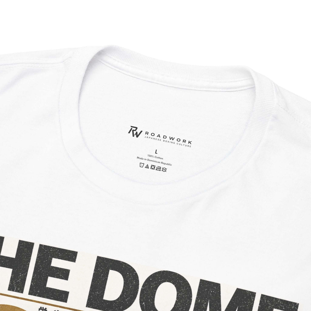 Close-up of the ROADWORK neck print inside The Dome white T-shirt