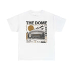 Front view of The Dome white T-shirt with black and muted gold boxing arena graphic
