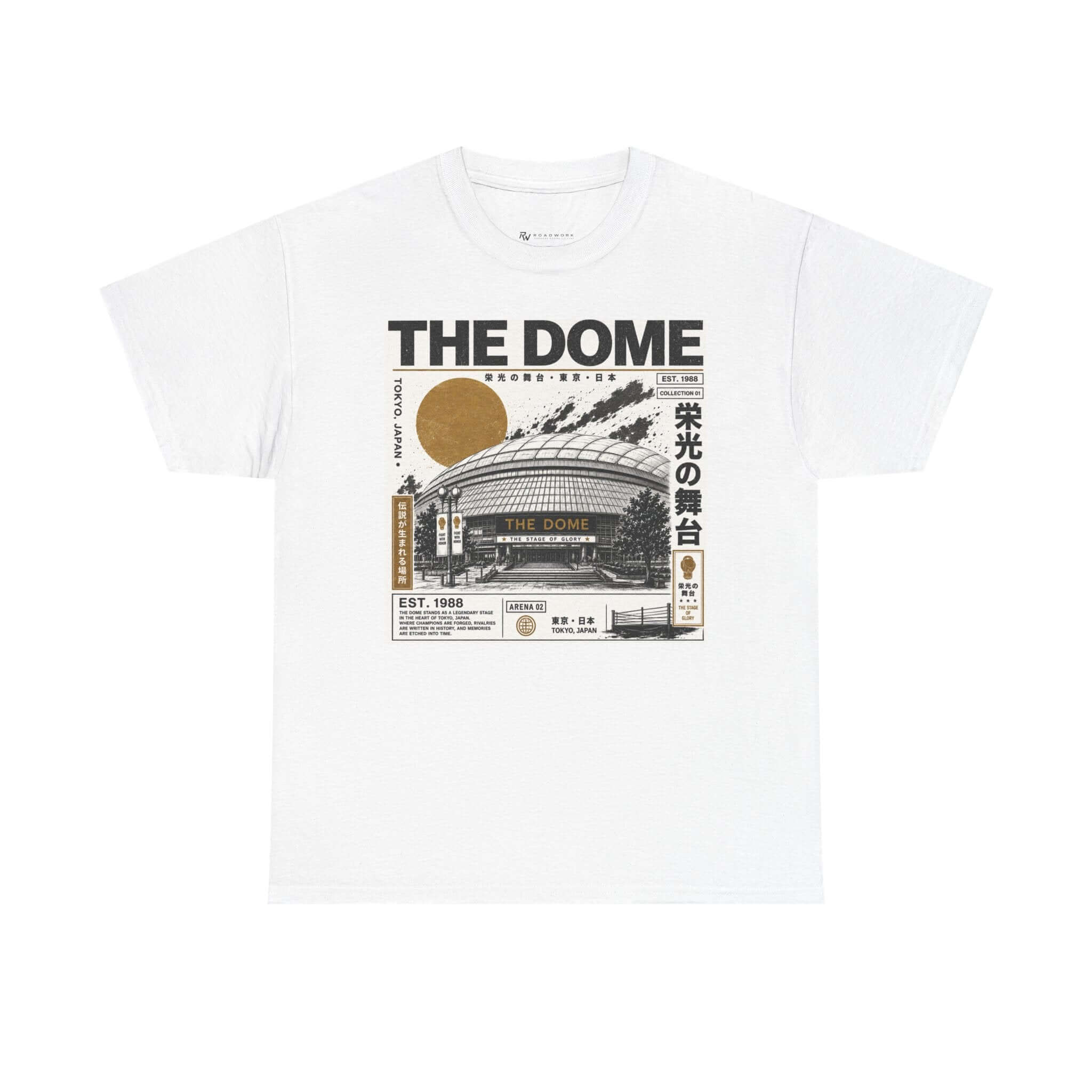 Front view of The Dome white T-shirt with black and muted gold boxing arena graphic