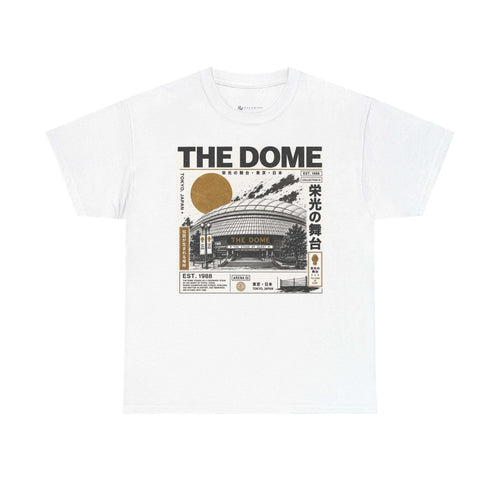 Front view of The Dome white T-shirt with black and muted gold boxing arena graphic