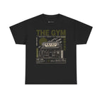 Front view of The Gym black T-shirt with olive and off-white boxing gym graphic