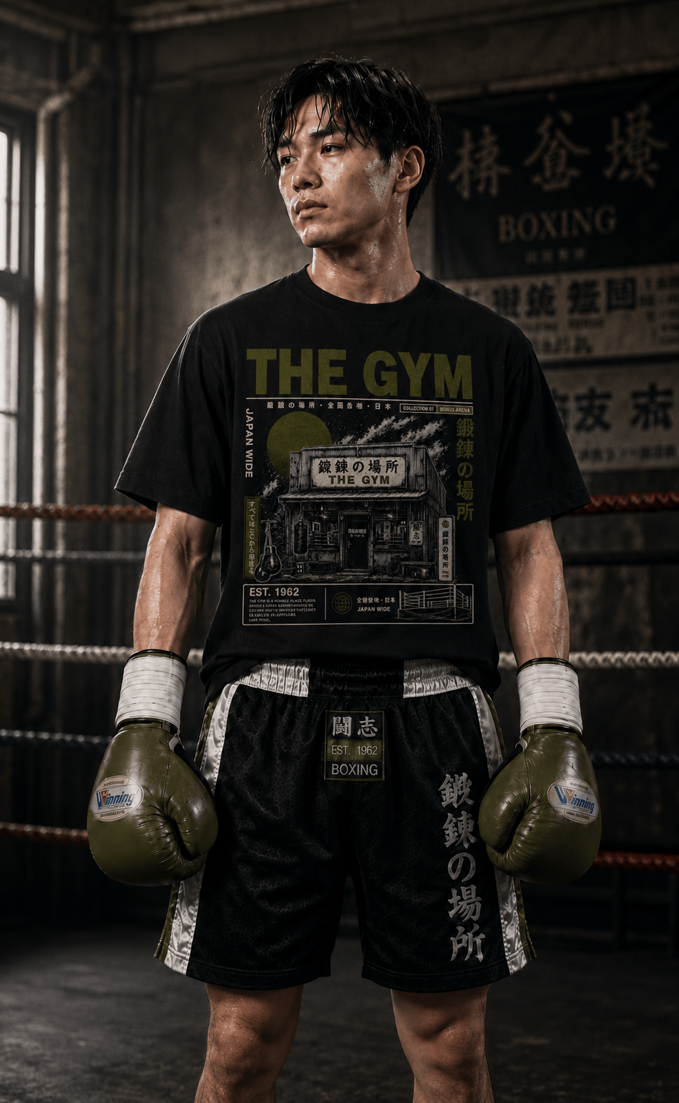 Boxer wearing The Gym black Japanese boxing T-shirt with olive gloves