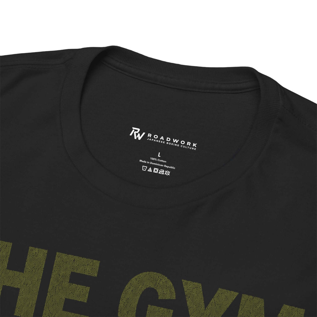 Close-up of the ROADWORK neck print inside The Gym black T-shirt