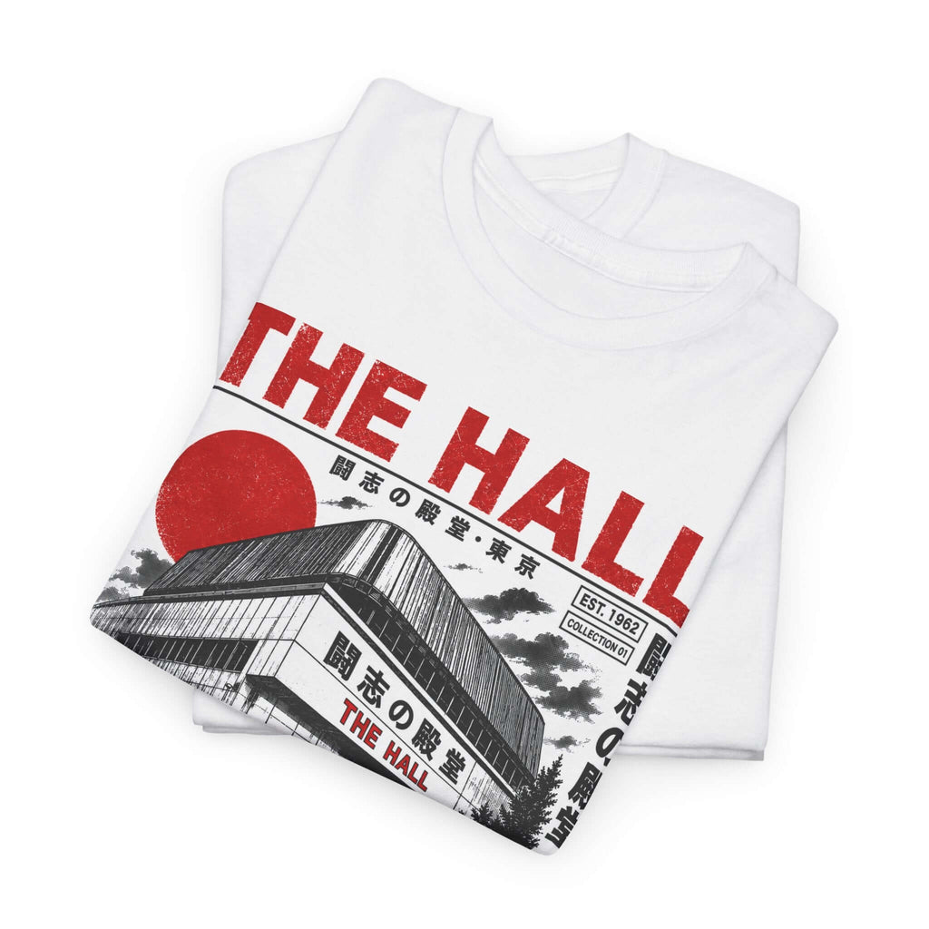Folded The Hall white T-shirt showing the red and black boxing hall graphic