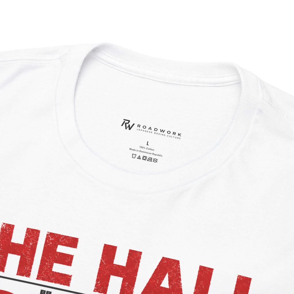 Close-up of the ROADWORK neck print inside The Hall white T-shirt