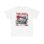 Front view of The Hall white T-shirt with red and black boxing hall graphic