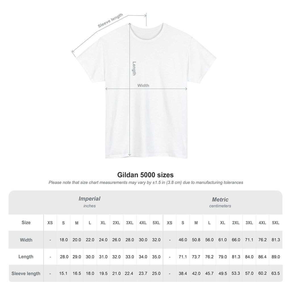 Gildan 5000 T-shirt size chart in inches and centimeters