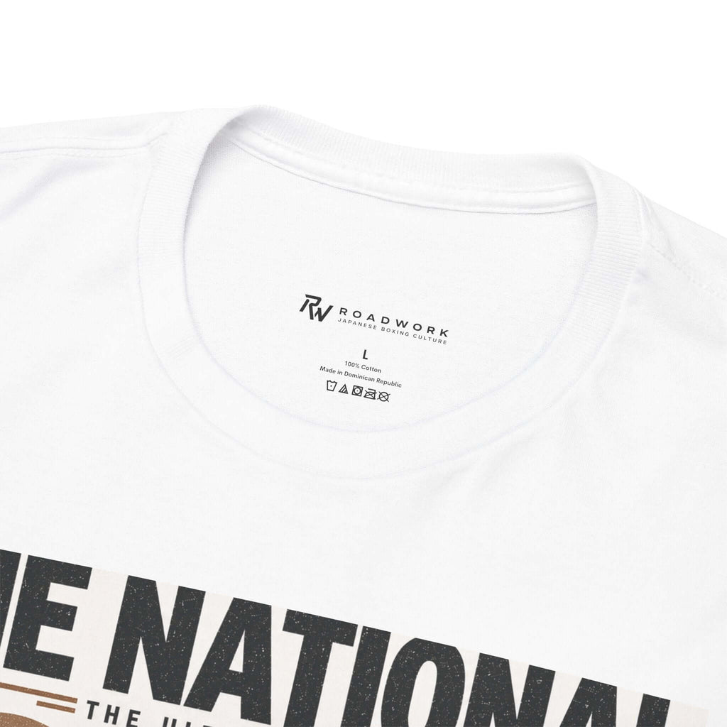 Close-up of the ROADWORK neck print inside The National white T-shirt