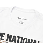 Close-up of the ROADWORK neck print inside The National white T-shirt