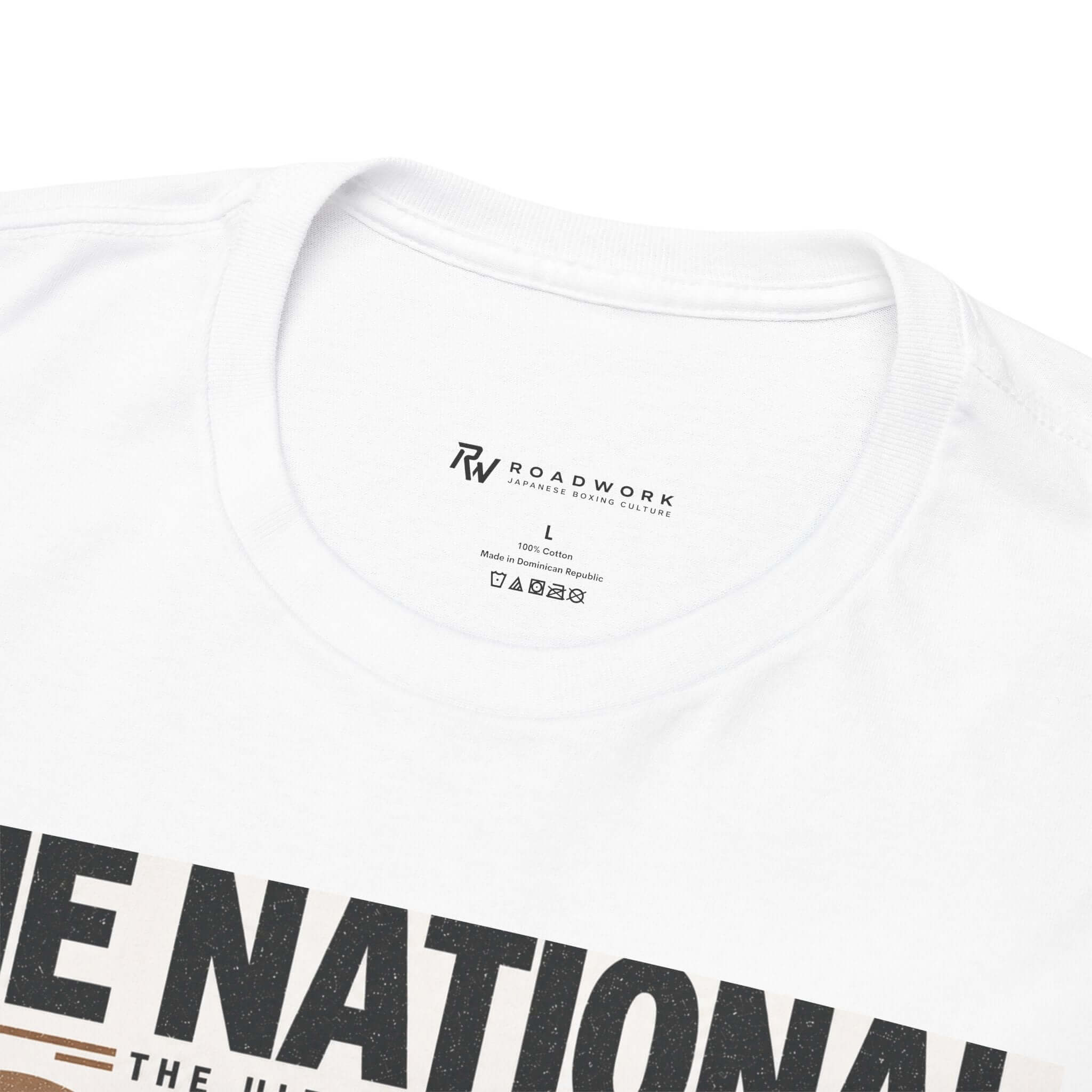 Close-up of the ROADWORK neck print inside The National white T-shirt