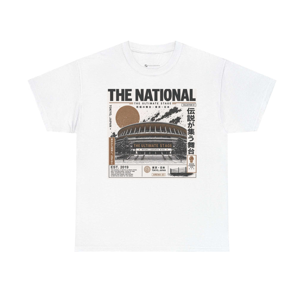 Front view of The National white T-shirt with brown and black stadium graphic