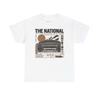 Front view of The National white T-shirt with brown and black stadium graphic